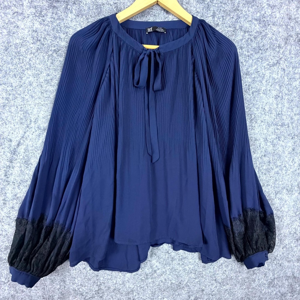 Zara Trf Collection Blouse Top Womens Large Blue Black Lace Tie Neck Feminine
